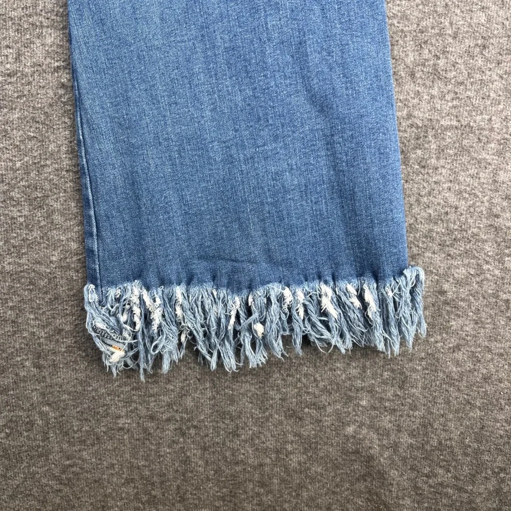 Tricot Womens High Rise Flare Jeans Medium Wash Frayed Fringe Hem Size 11/29